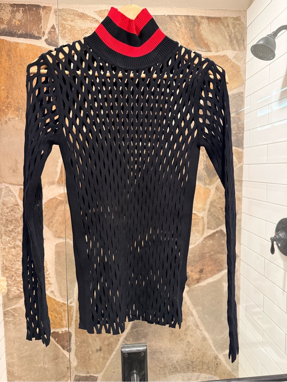 NEW Alexander Wang Black Open-Knit Turtleneck with Red-Striped Collar L